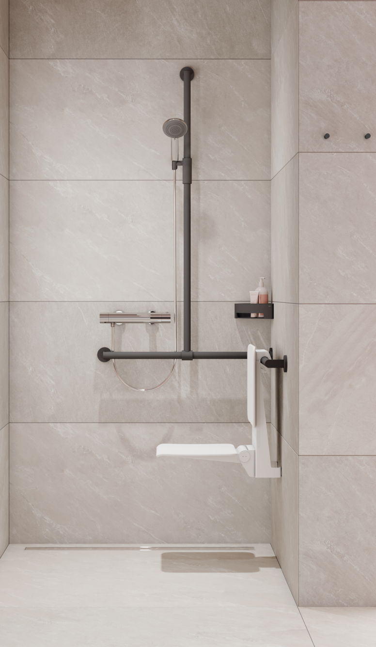 Duschbereich ausgestattet mit dem stufenlos verstellbaren HEWI Magnetbrausehalter